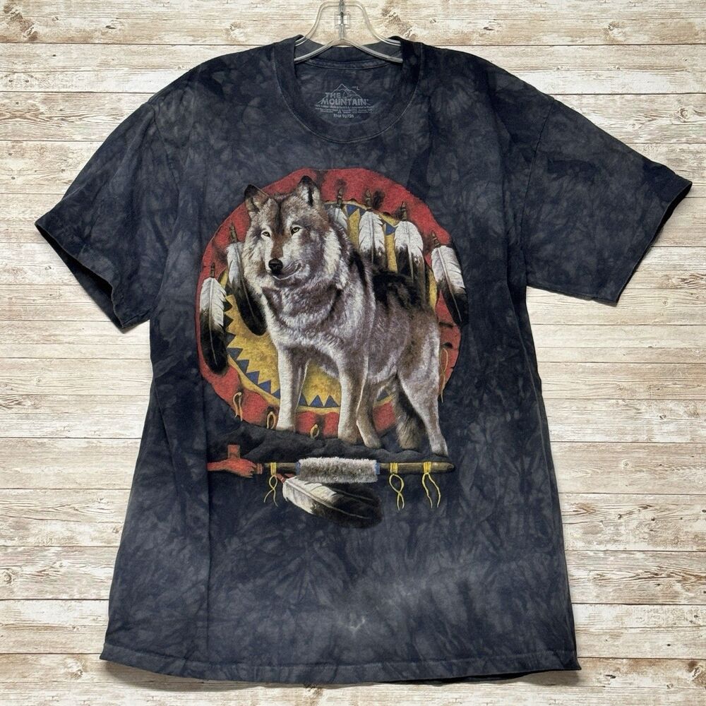 The Mountain T-Shirt Mens L Wolf Spirit Native American Tie Dye Blue Made in USA